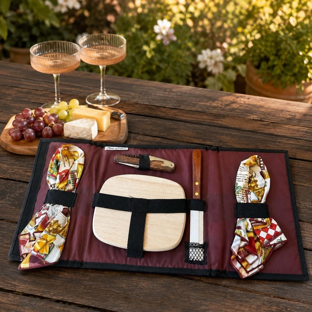 Vintage Picnic at Ascot Wine Cheese Travel Set - Corkscrew Cutting Board Napkins